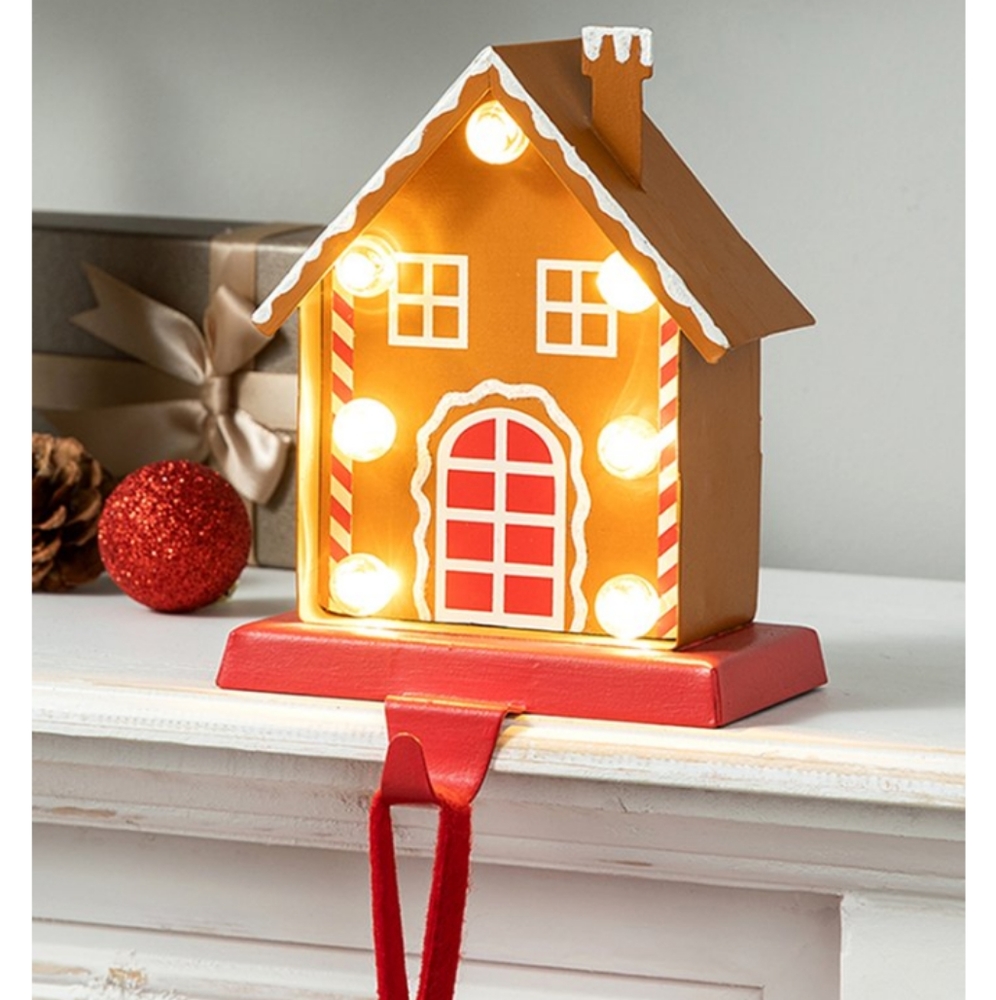 Gingerbread House Marquee LED Stocking Holder Lights Up Brown Red White